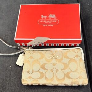Coach Beige/Tan Signature Canvas Wristlet with Gold Logo
